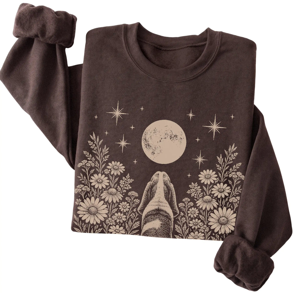 Dark Chocolate crewneck sweatshirt featuring Wildflower Moon Basset Hound, folded presentation