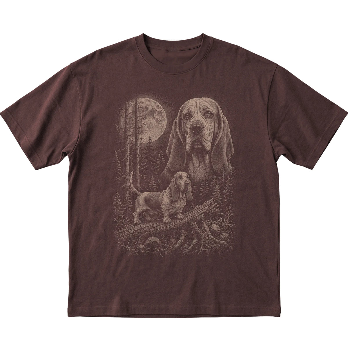 Basset Hound Moonlit Forest graphic on a dark chocolate Softstyle T-shirt laid flat