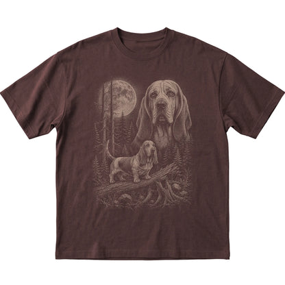 Basset Hound Moonlit Forest graphic on a dark chocolate Softstyle T-shirt laid flat