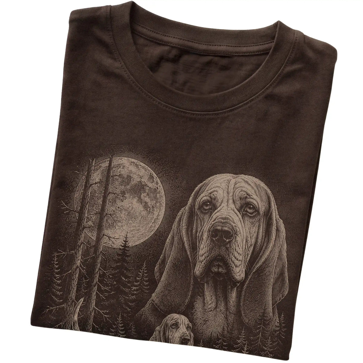 Folded dark chocolate Softstyle T-shirt showing the Basset Hound Moonlit Forest graphic