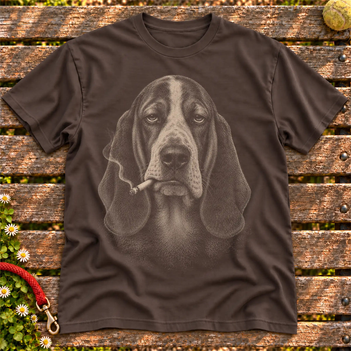 Basset Hound smoking design on a Dark Chocolate t-shirt