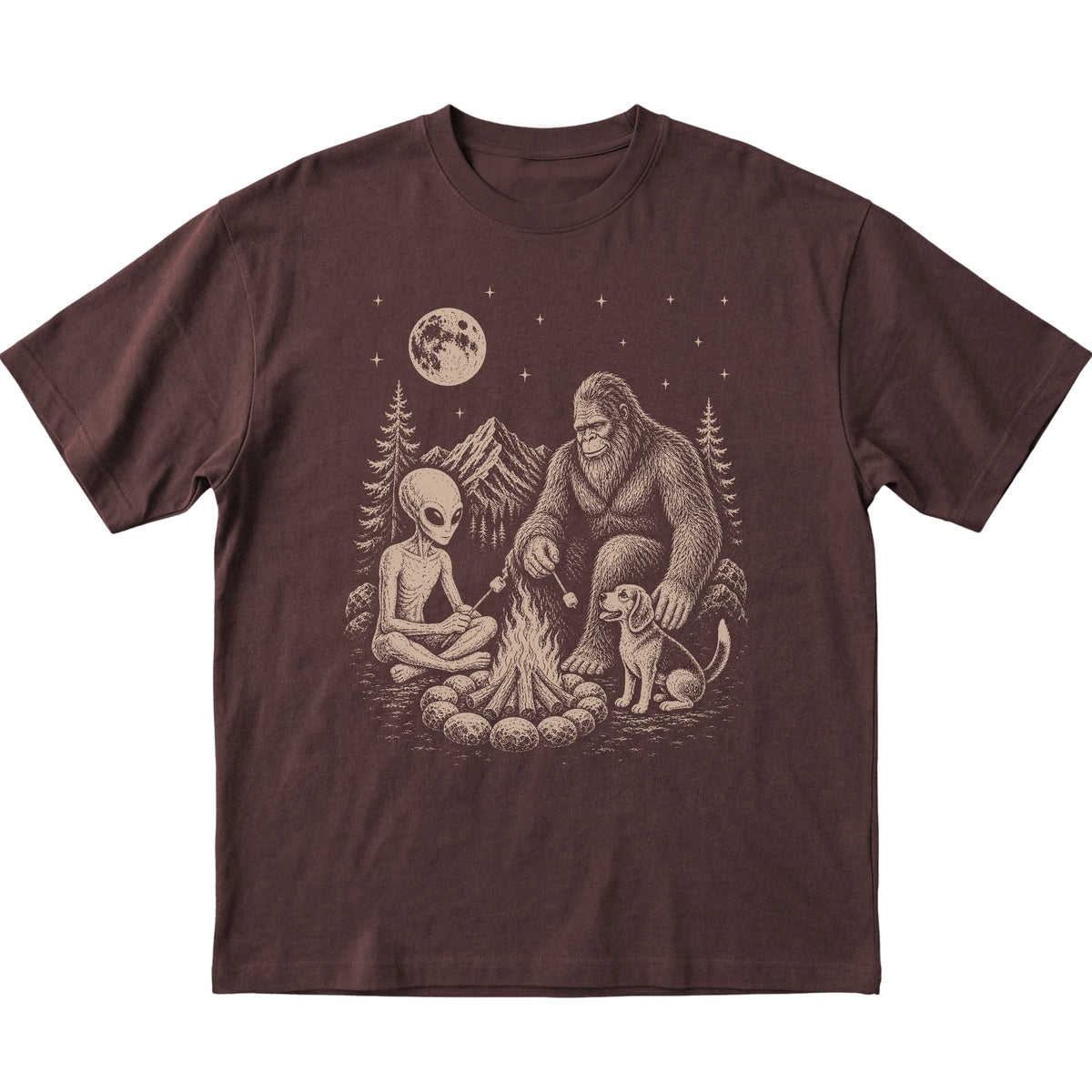 Dark Chocolate Beagle Camping with Bigfoot and Alien shirt laid flat
