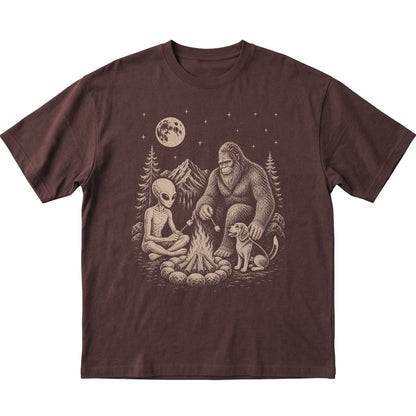 Dark Chocolate Beagle Camping with Bigfoot and Alien shirt laid flat