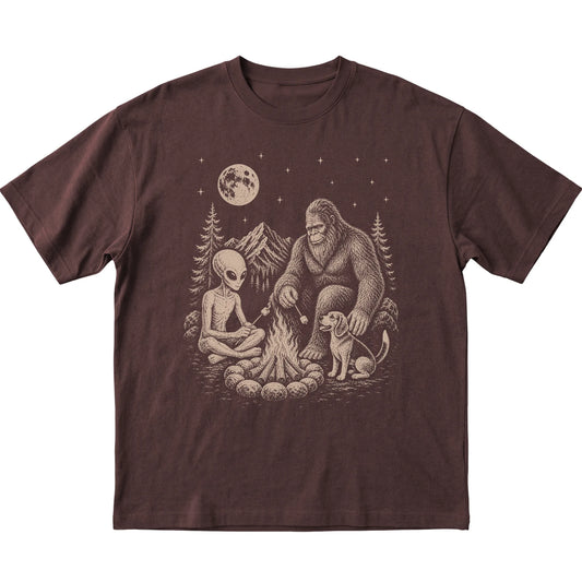 Dark Chocolate Beagle Camping with Bigfoot and Alien shirt laid flat