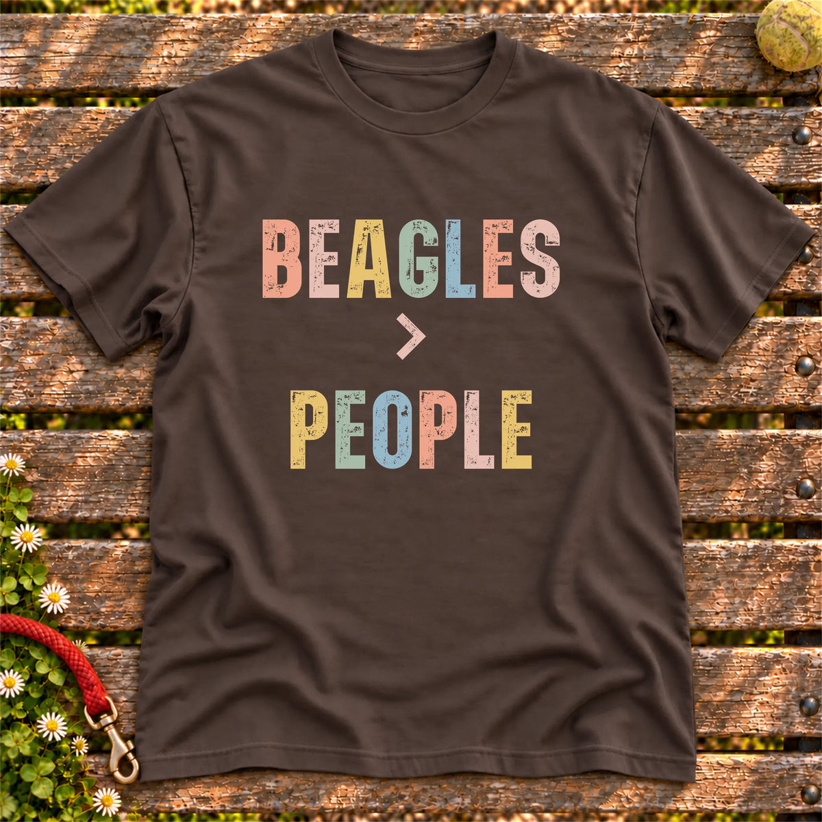 Beagles greater than people text design on a Dark Chocolate softstyle T-shirt