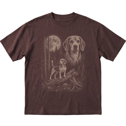 Beagle Moonlit Forest graphic on a dark chocolate Softstyle T-shirt laid flat