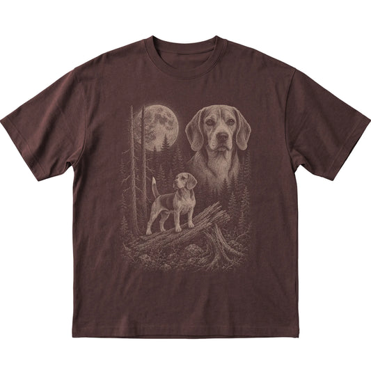 Beagle Moonlit Forest graphic on a dark chocolate Softstyle T-shirt laid flat