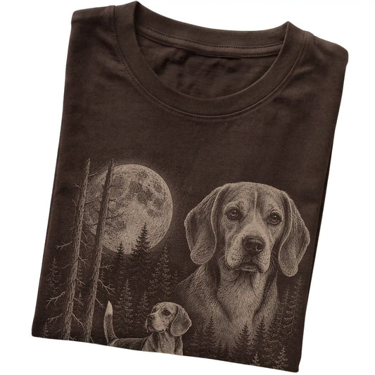 Folded dark chocolate Softstyle T-shirt showing the Beagle Moonlit Forest graphic