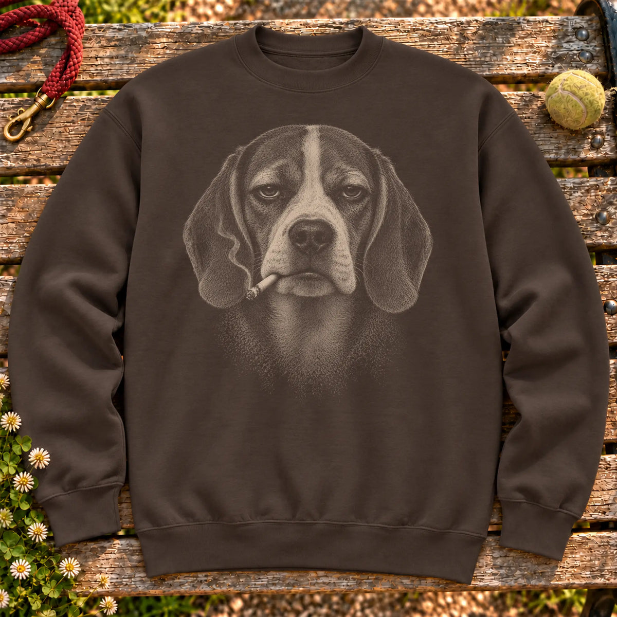 Beagle smoking design on a Dark Chocolate sweatshirt