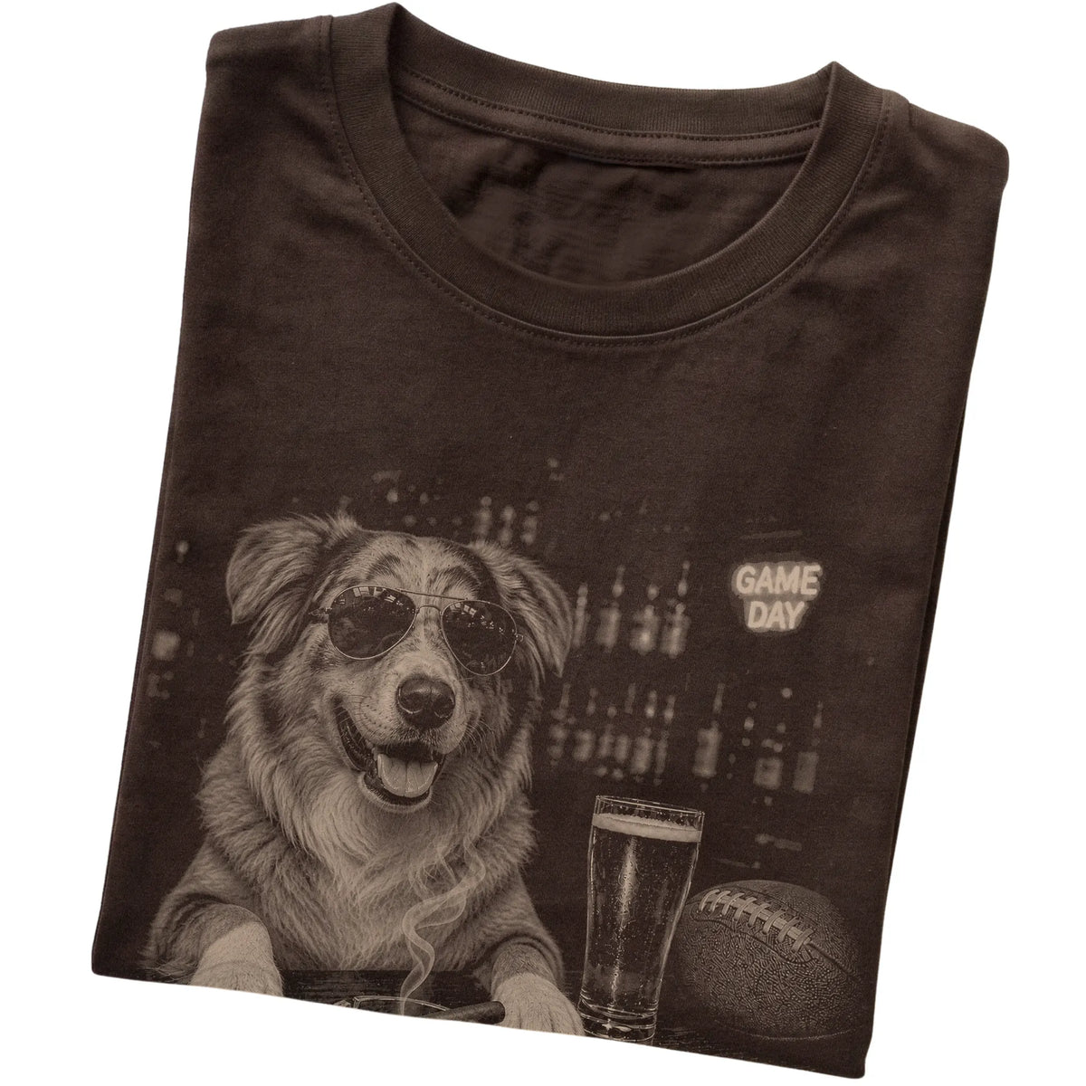 Dark Chocolate Beer and Football Australian Shepherd T-shirt, folded