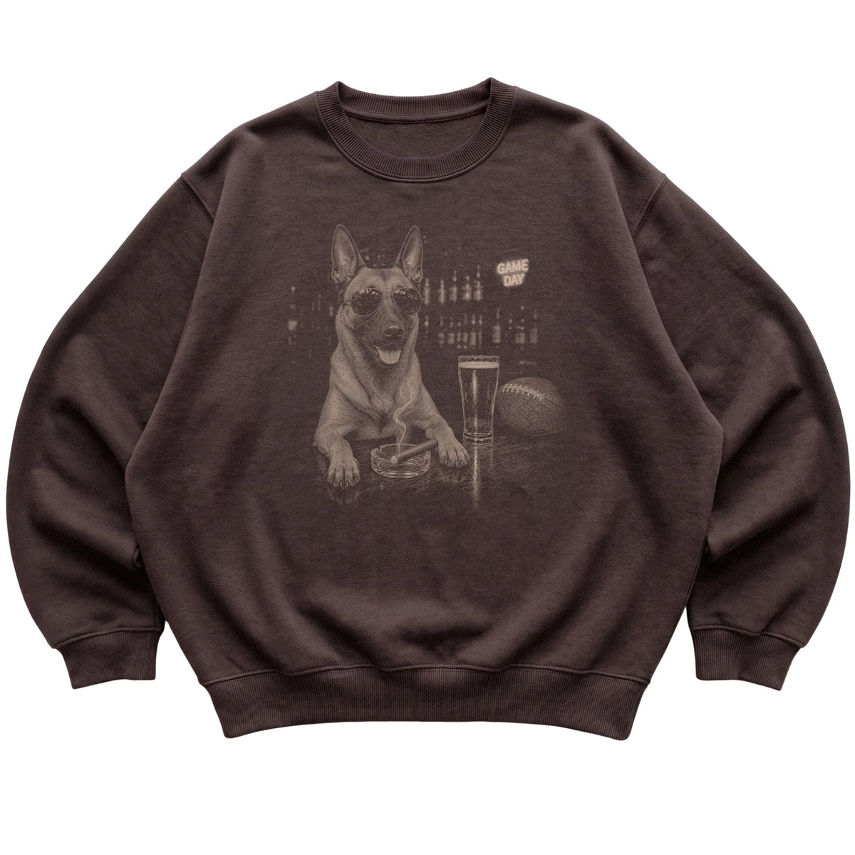 Dark Chocolate Beer and Football Belgian Malinois sweatshirt, laid flat