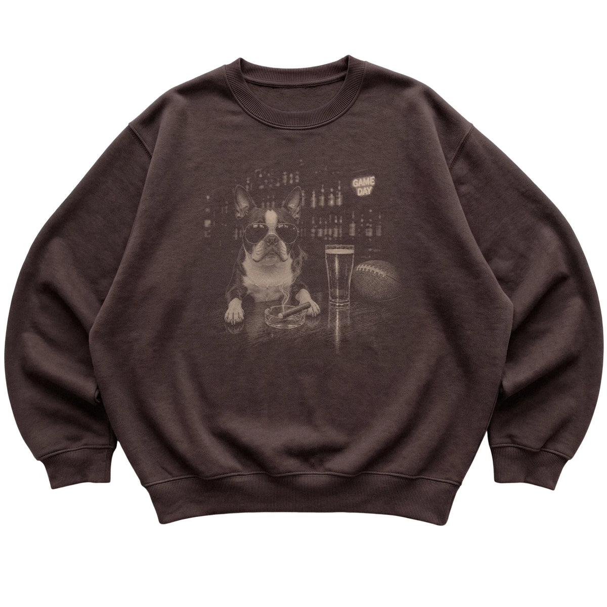 Dark Chocolate Beer and Football Boston Terrier sweatshirt, laid flat