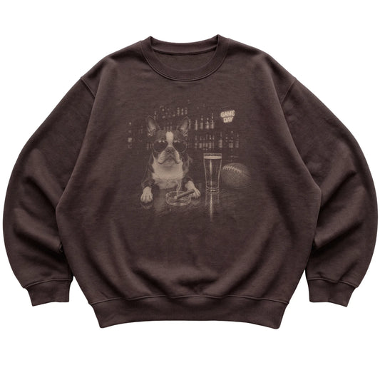 Dark Chocolate Beer and Football Boston Terrier sweatshirt, laid flat