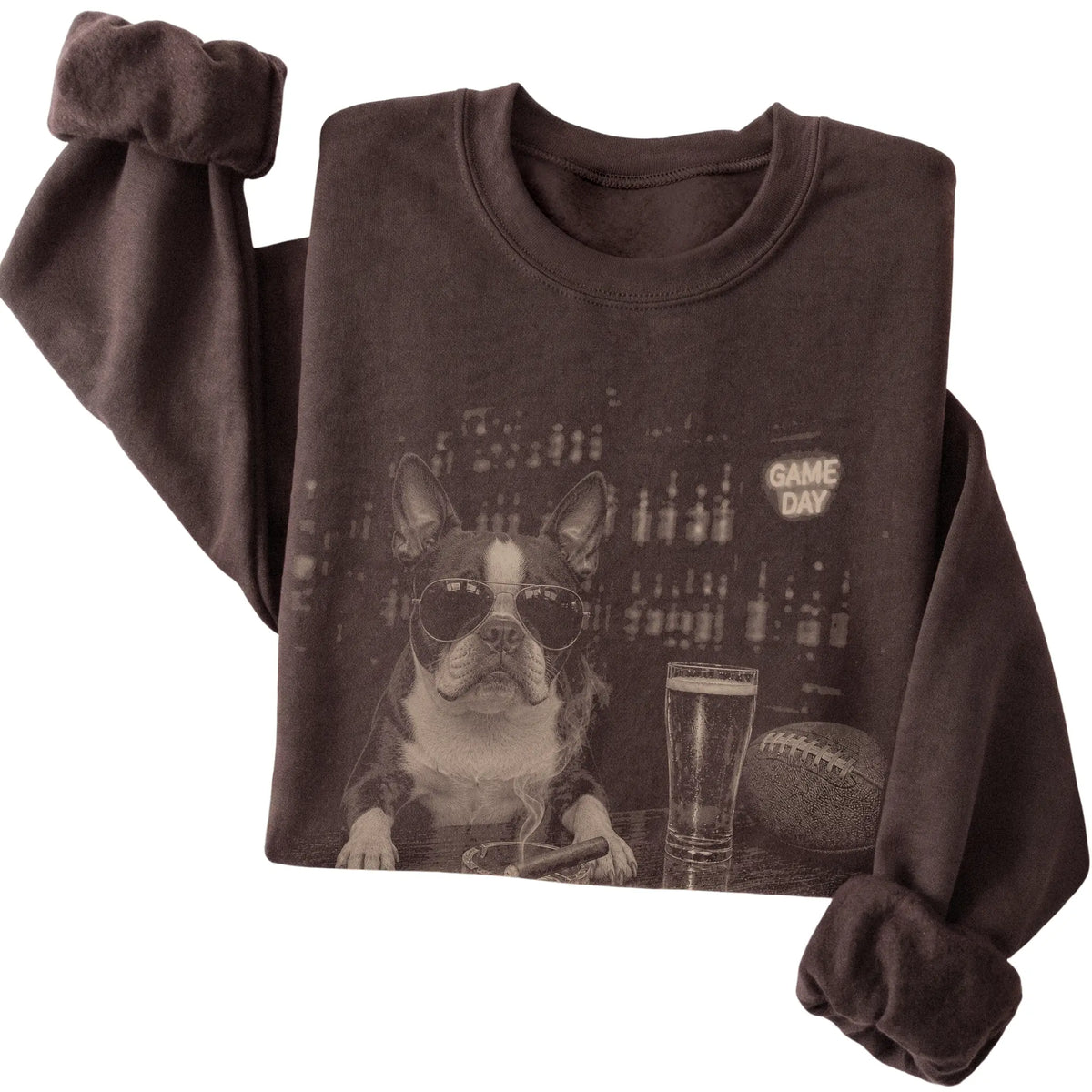 Dark Chocolate Beer and Football Boston Terrier sweatshirt, folded