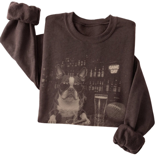 Dark Chocolate Beer and Football Boston Terrier sweatshirt, folded