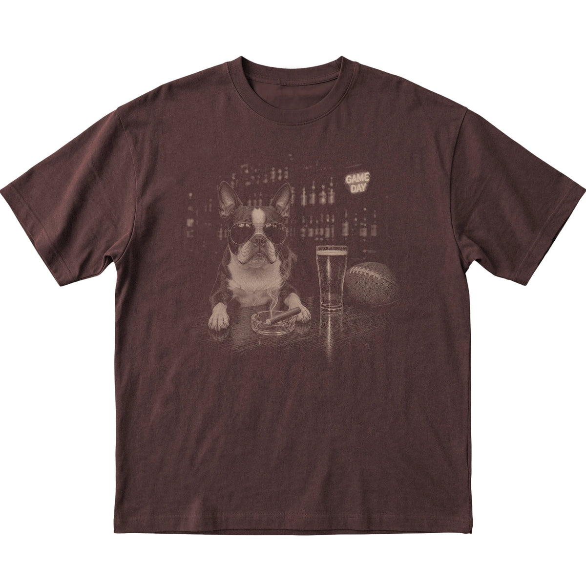 Dark Chocolate Beer and Football Boston Terrier T-shirt, laid flat