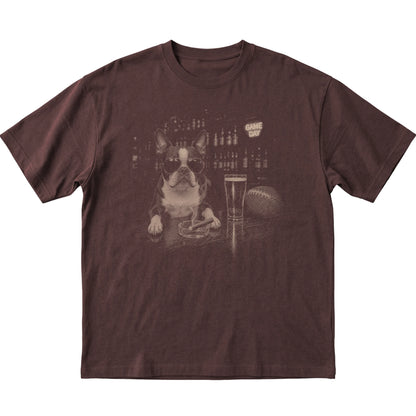 Dark Chocolate Beer and Football Boston Terrier T-shirt, laid flat