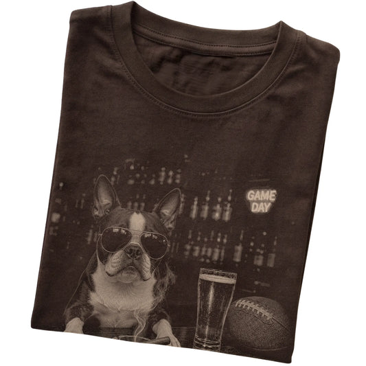 Dark Chocolate Beer and Football Boston Terrier T-shirt, folded