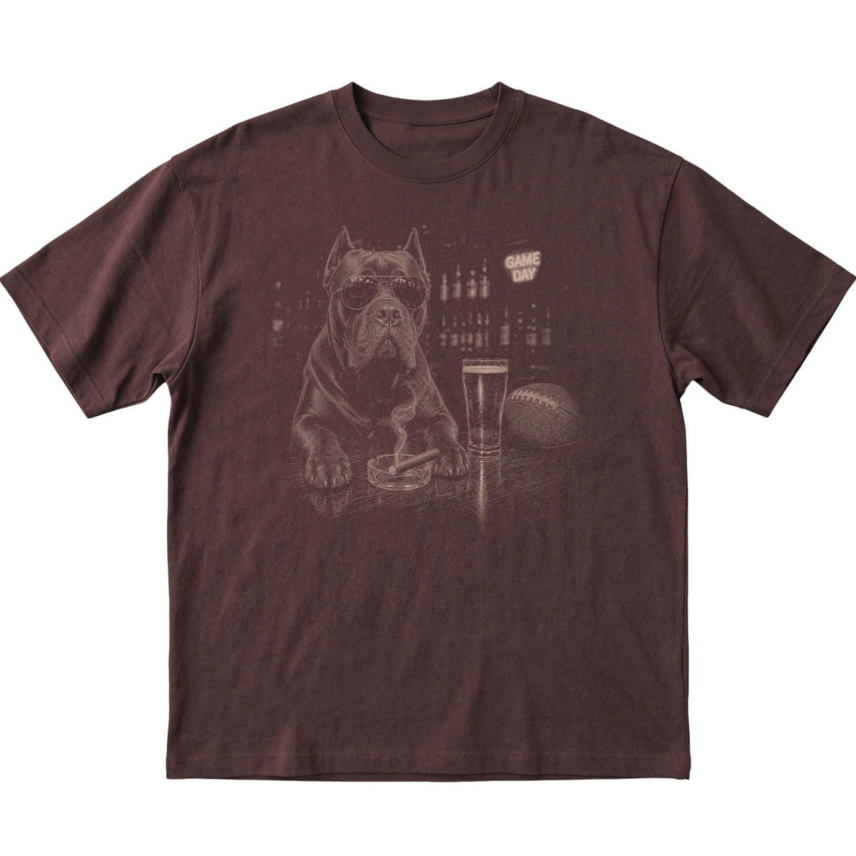 Dark Chocolate Beer and Football Cane Corso T-shirt, laid flat