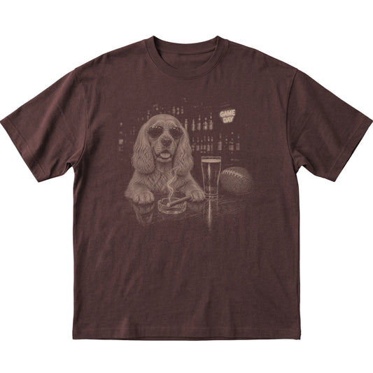 Dark Chocolate Beer and Football Cocker Spaniel T-shirt, laid flat