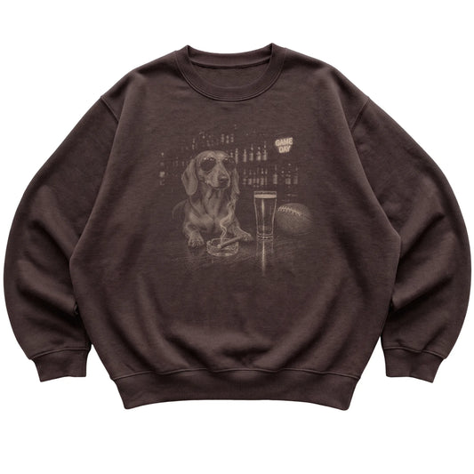 Dark Chocolate Beer and Football Dachshund sweatshirt, laid flat