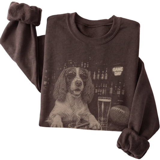 Dark Chocolate Beer and Football English Springer Spaniel sweatshirt, folded