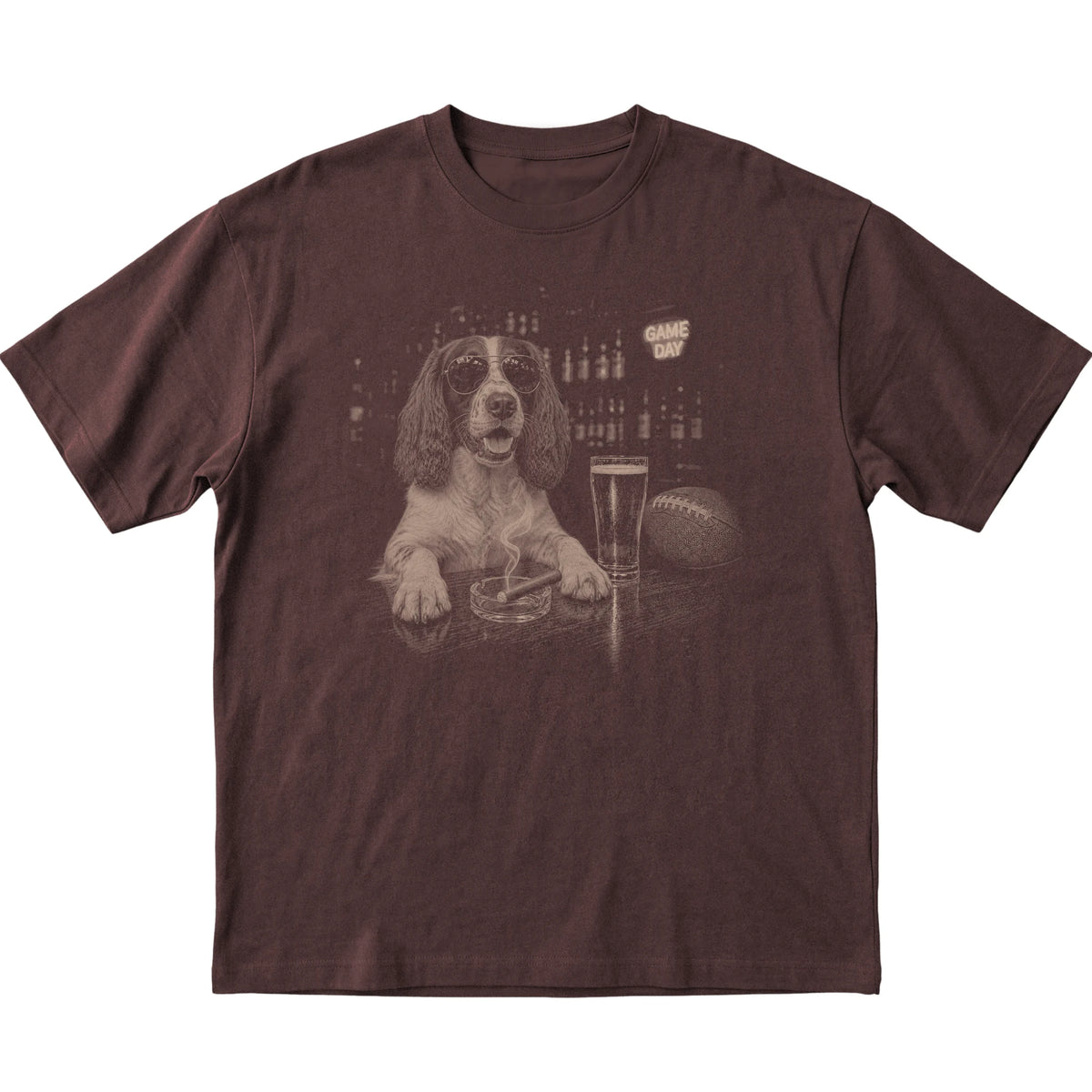 Dark Chocolate Beer and Football English Springer Spaniel T-shirt, laid flat