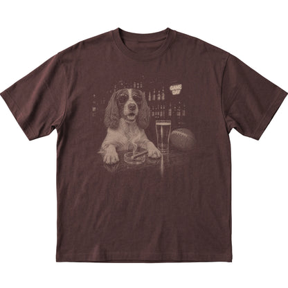 Dark Chocolate Beer and Football English Springer Spaniel T-shirt, laid flat