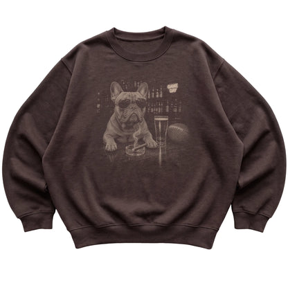 Dark Chocolate Beer and Football French Bulldog sweatshirt, laid flat