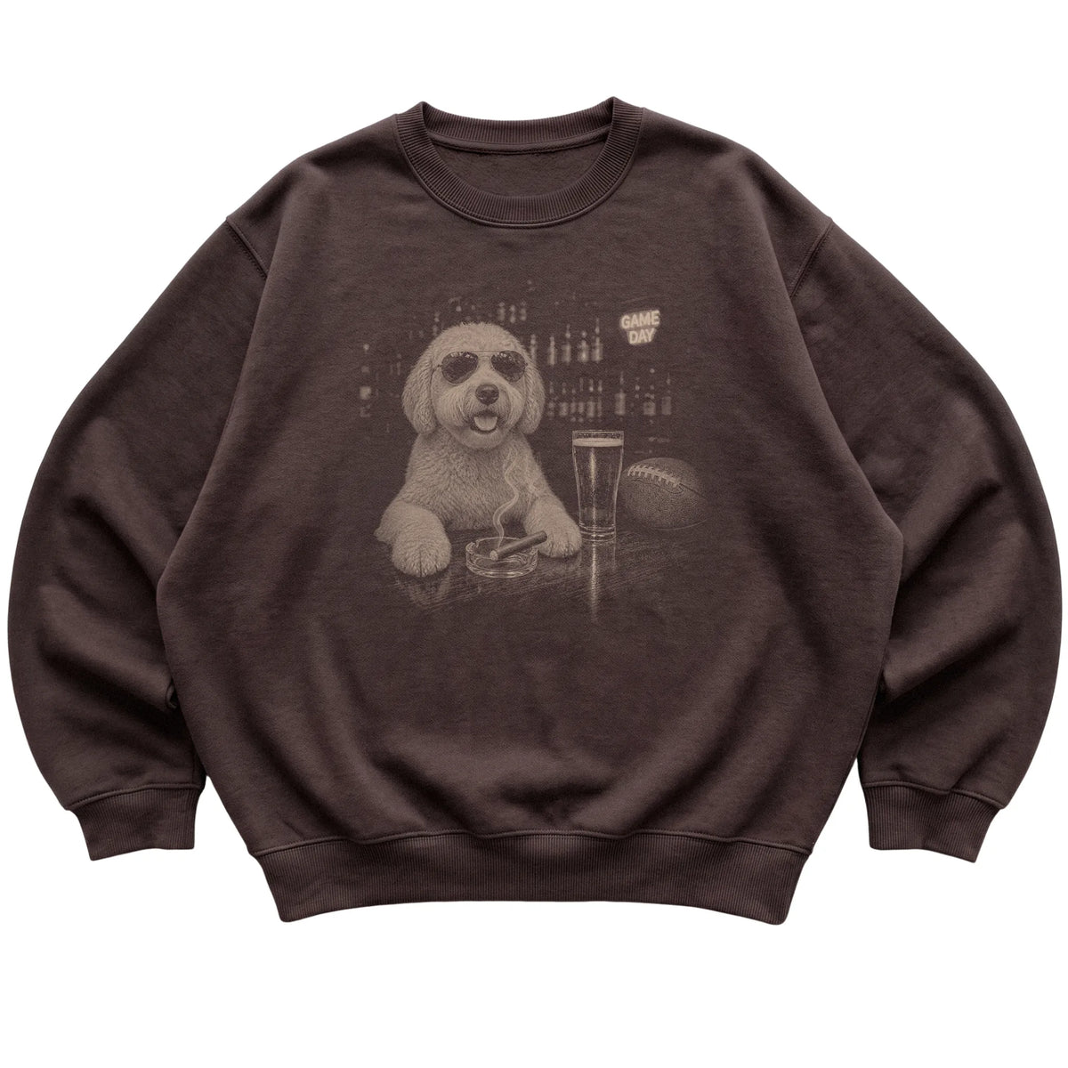 Dark Chocolate Beer and Football Goldendoodle sweatshirt, laid flat