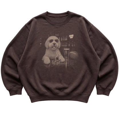 Dark Chocolate Beer and Football Goldendoodle sweatshirt, laid flat