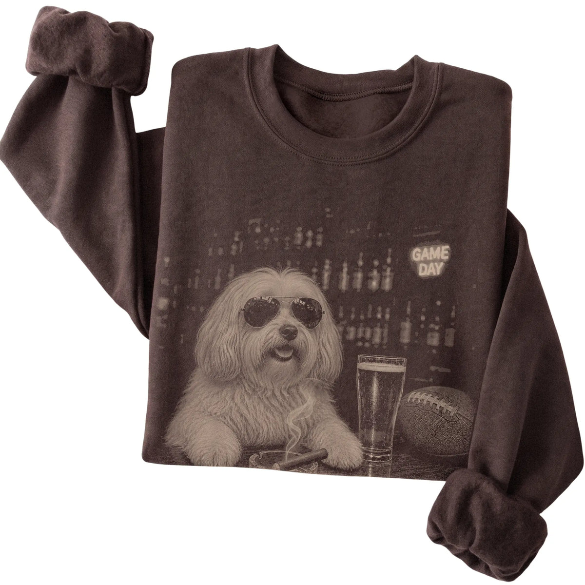 Dark Chocolate Beer and Football Havanese sweatshirt, folded