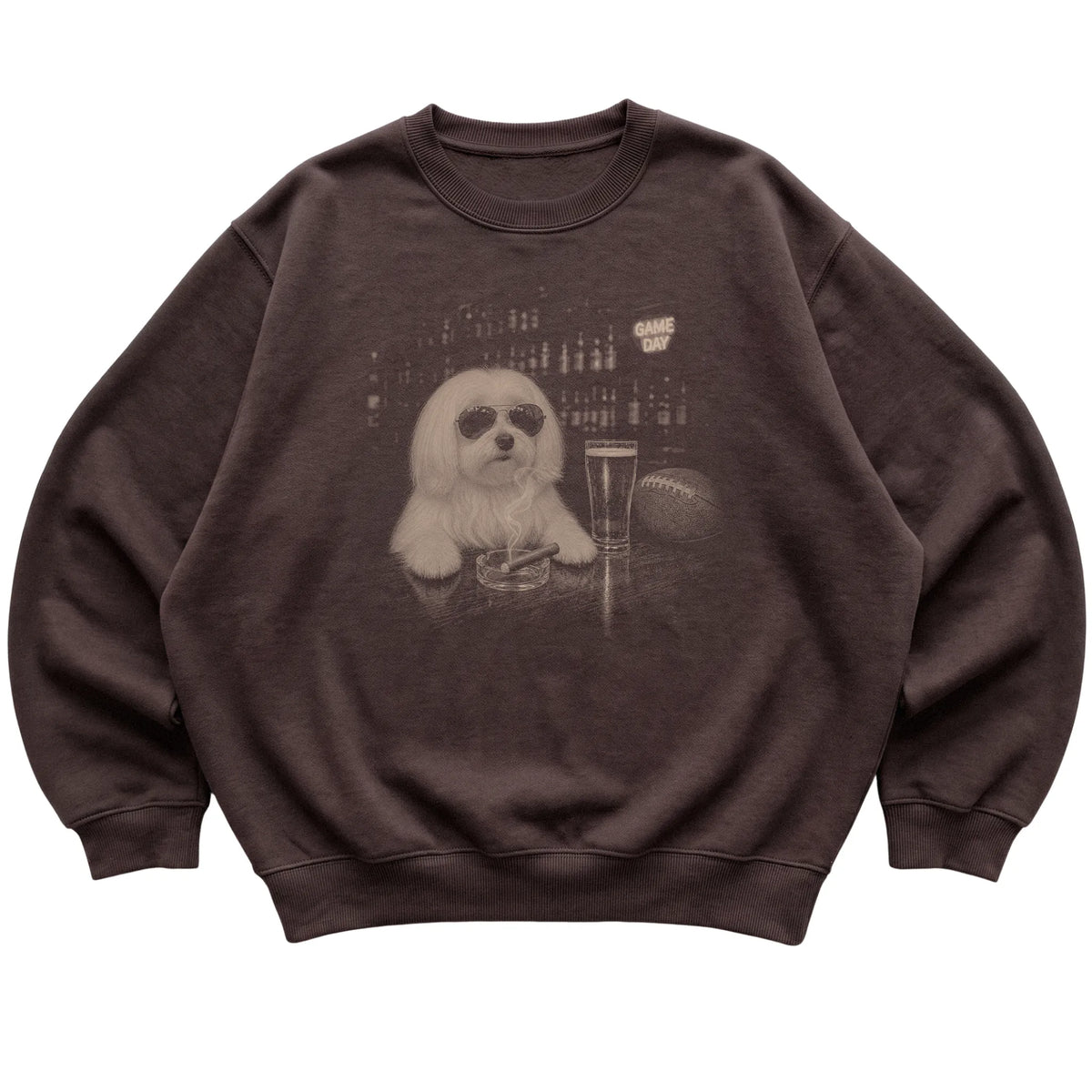 Dark Chocolate Beer and Football Maltese sweatshirt, laid flat