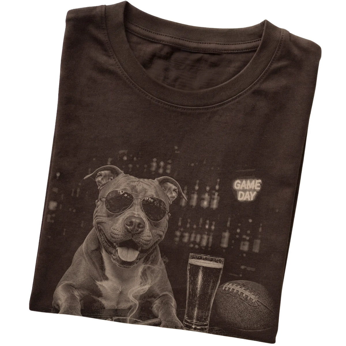 Dark Chocolate Beer and Football Pitbull T-shirt, folded