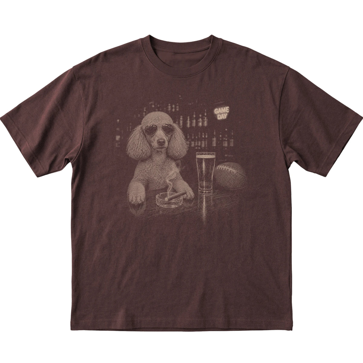 Dark Chocolate Beer and Football Poodle T-shirt, laid flat