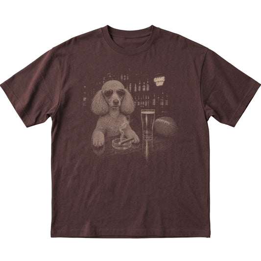 Dark Chocolate Beer and Football Poodle T-shirt, laid flat