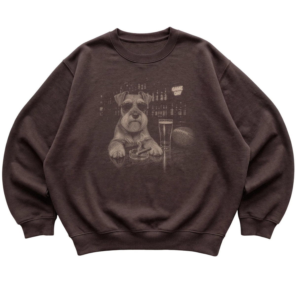 Dark Chocolate Beer and Football Schnauzer sweatshirt, laid flat
