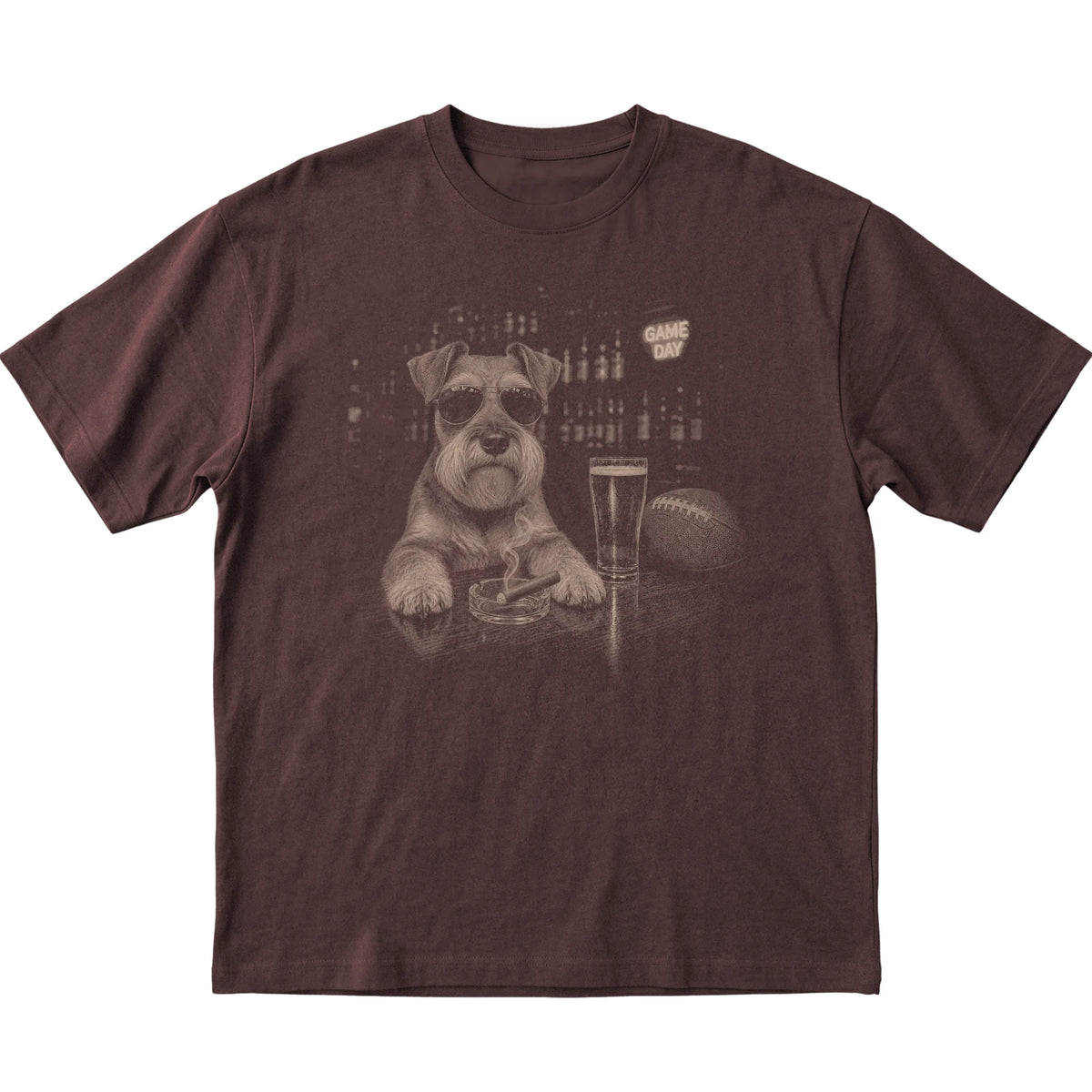 Dark Chocolate Beer and Football Schnauzer T-shirt, laid flat