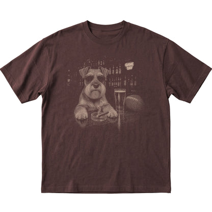 Dark Chocolate Beer and Football Schnauzer T-shirt, laid flat