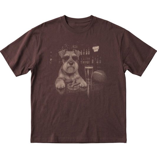 Dark Chocolate Beer and Football Schnauzer T-shirt, laid flat