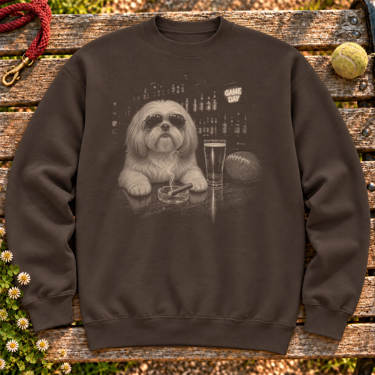 Shih Tzu Beer and Football Shirt on a Dark Chocolate crewneck sweatshirt, shown flat