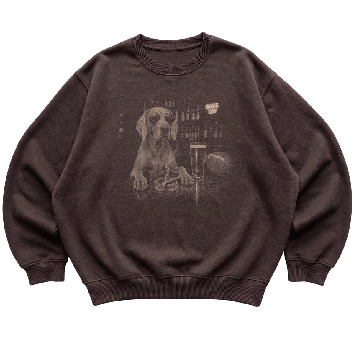 Dark Chocolate Beer and Football Weimaraner sweatshirt, laid flat