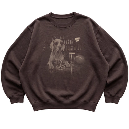 Dark Chocolate Beer and Football Weimaraner sweatshirt, laid flat