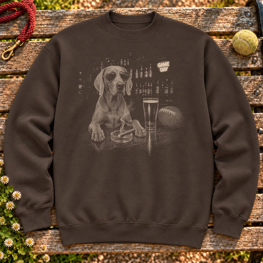 Weimaraner Beer and Football Shirt on a Dark Chocolate crewneck sweatshirt, shown flat
