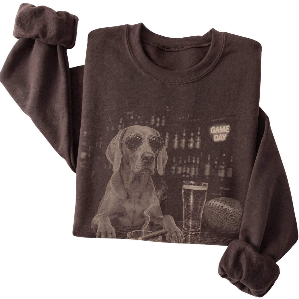 Dark Chocolate Beer and Football Weimaraner sweatshirt, folded