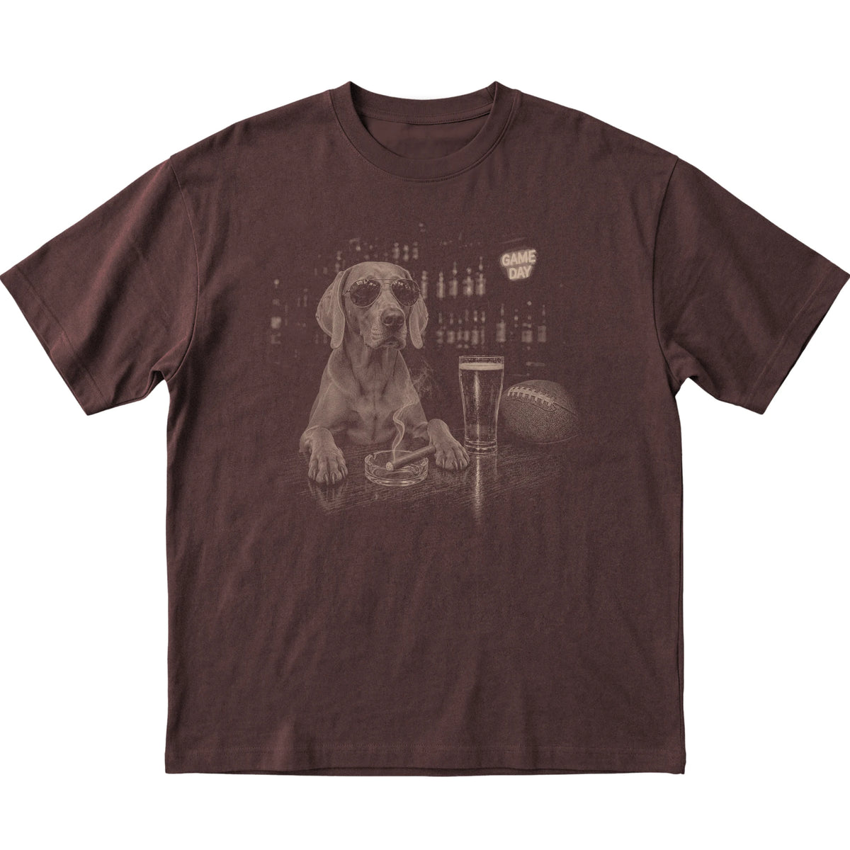 Dark Chocolate Beer and Football Weimaraner T-shirt, laid flat