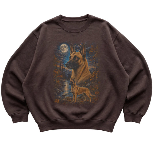 dark chocolate sweatshirt with Belgian Malinois Autumn Moon artwork.