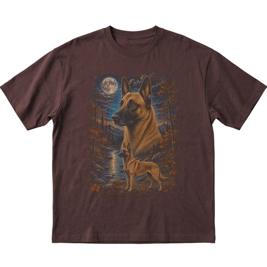 dark chocolate T-shirt with Belgian Malinois Autumn Moon artwork.