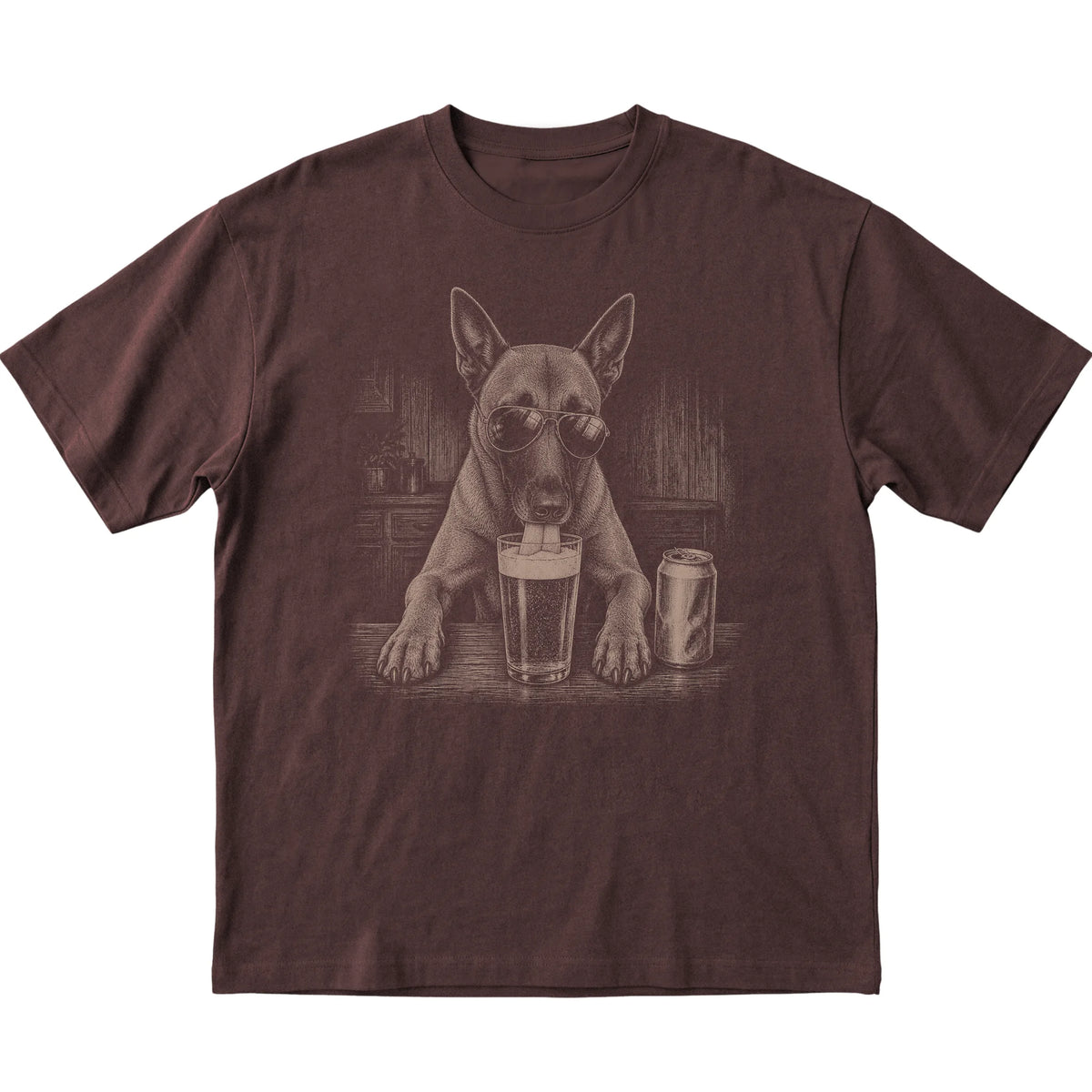 Dark Chocolate Belgian Malinois drinking from a pint at a bar, laid flat
