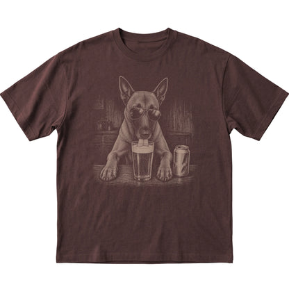 Dark Chocolate Belgian Malinois drinking from a pint at a bar, laid flat